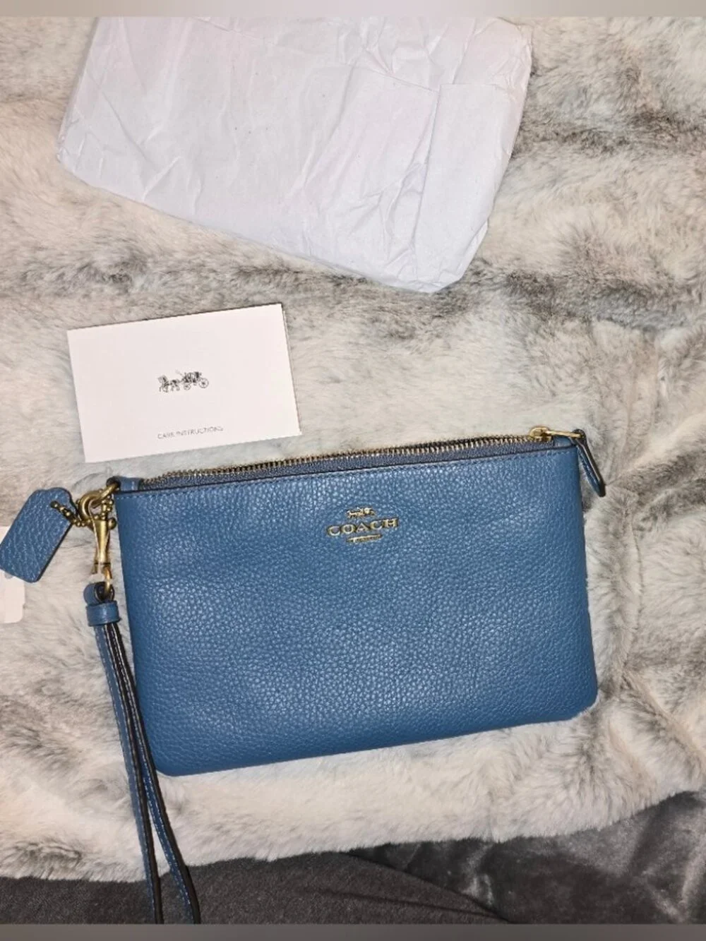 Coach Blue Pebble Leather Wristlet – Gold Hardware, Detachable Strap